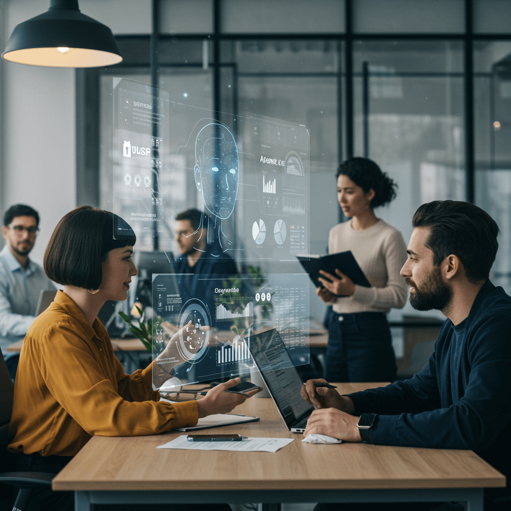 MSP professionals collaborate with AI assistants on cybersecurity, data management, and strategic advisory services, conveying a sense of opportunity and transformation